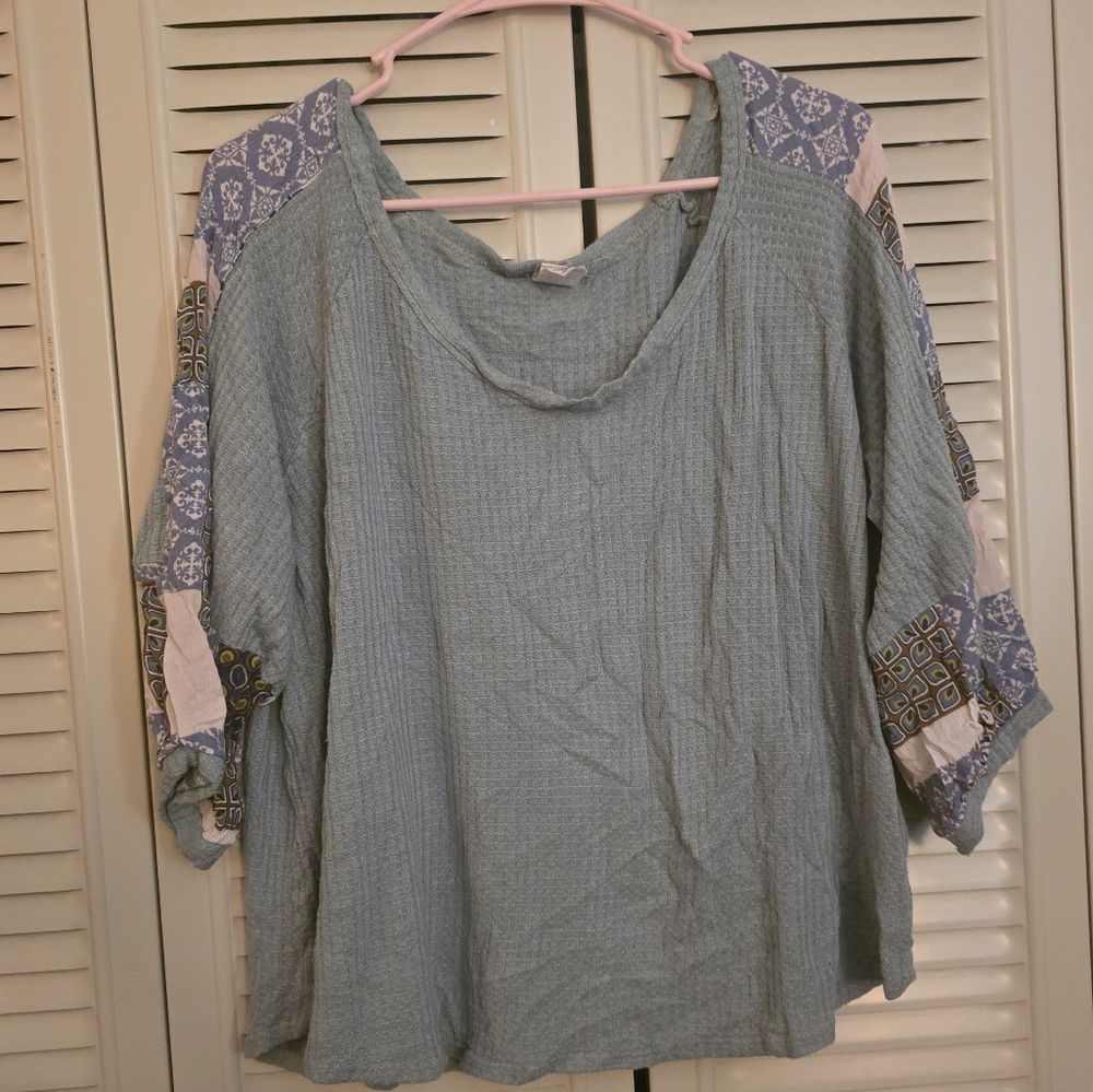 7th Ray Blue Patchwork Sleeve Waffle Knit Blouse